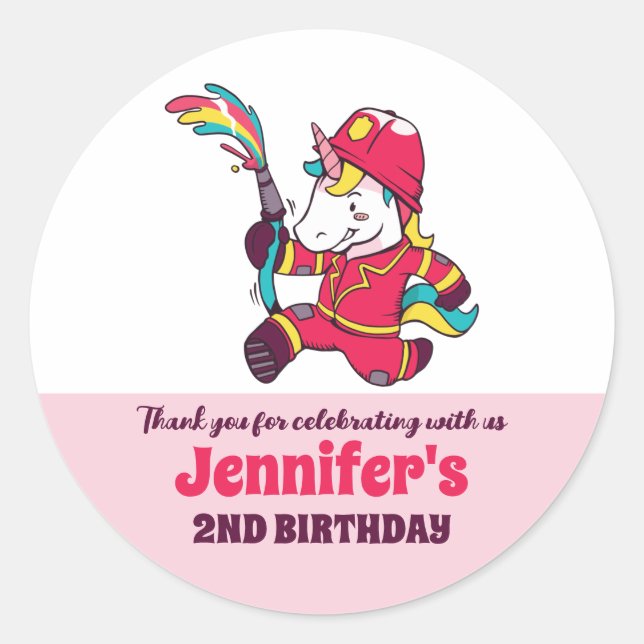 Cute Firefighter Unicorn Kids Birthday Party Favou Classic Round Sticker (Front)