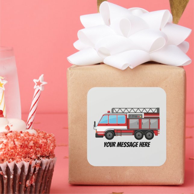 Cute fireman fire truck add name message square sticker (Party)