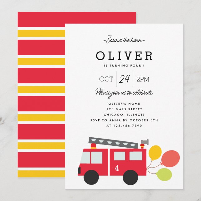 Cute Firetruck and Balloons Kids Birthday Party Invitation (Front/Back)