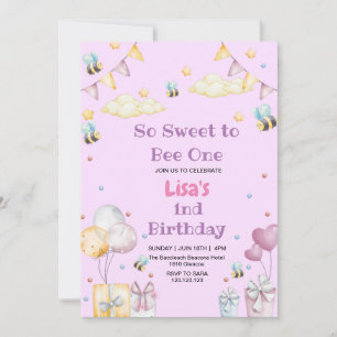 Cute First 1st Birthday Honey Sweet Bee Invitation