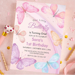 Cute First 1st Birthday Little Colourful Butterfly Invitation