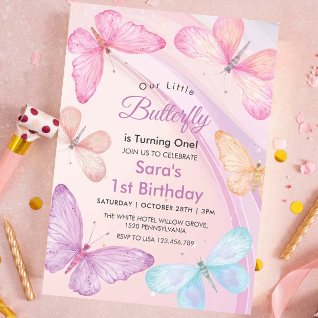 Cute First 1st Birthday Little Colourful Butterfly Invitation (Creator Uploaded)