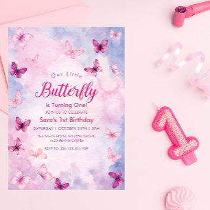 Cute First 1st Birthday Pink Butterflies Party Invitation
