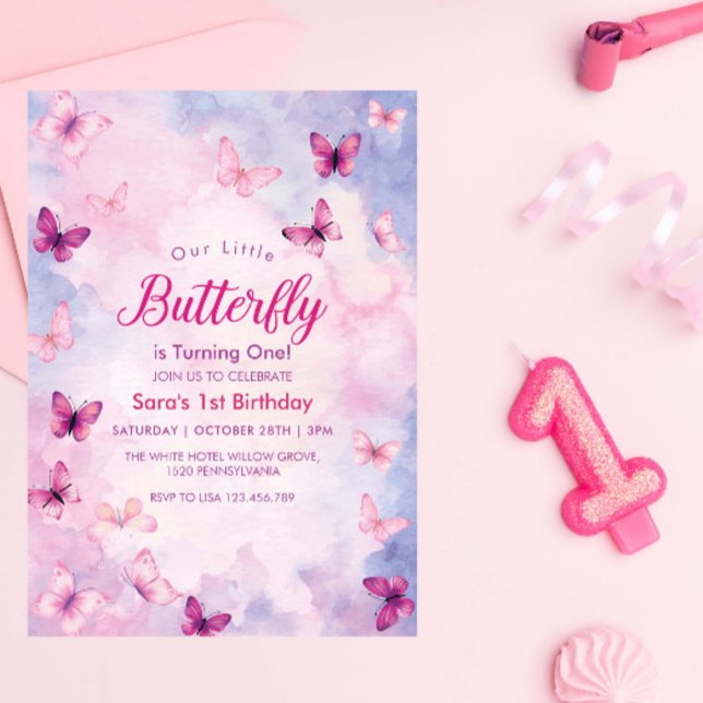 Cute First 1st Birthday Pink Butterflies Party Invitation (Creator Uploaded)