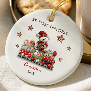 Cute first baby Christmas patchwork bear train Ceramic Tree Decoration