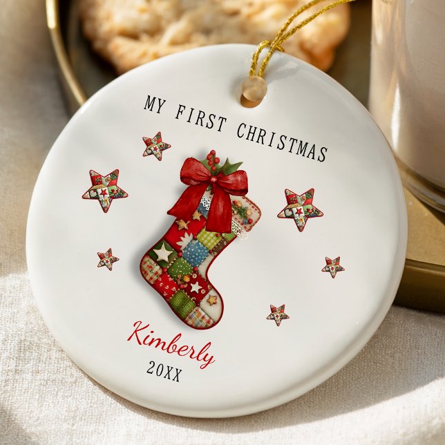 Cute first baby Christmas patchwork stocking Ceramic Tree Decoration (Creator Uploaded)
