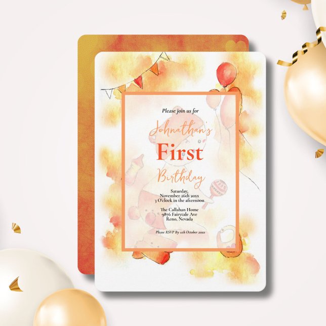 Cute First Birthday Orange Watercolor Baby & Toys Invitation (Creator Uploaded)