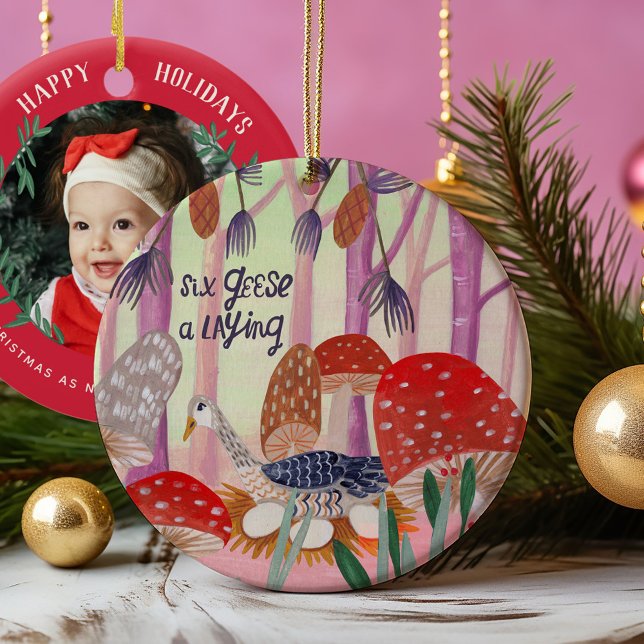 Cute First Christmas as Grandparents Photo Ceramic Tree Decoration (Our first Christmas as Grandparents Photo baby ornament with cute 12 days of Christmas Illustration.)