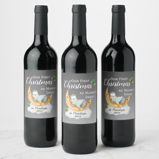 Cute First Christmas as Mummy & Daddy Baby Penguin Wine Label (Bottles)