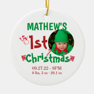 Cute First Christmas Baby Birth Stats Photo Ceramic Tree Decoration