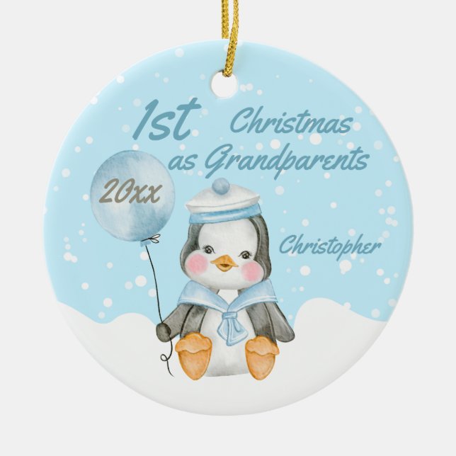 Cute First Christmas Baby Penguin Grandparents Ceramic Tree Decoration (Front)