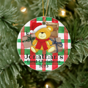 Cute First Christmas bear presents watercolor Ceramic Tree Decoration