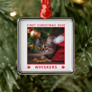 Cute First Christmas Cat Photo Name Year Custom Metal Tree Decoration