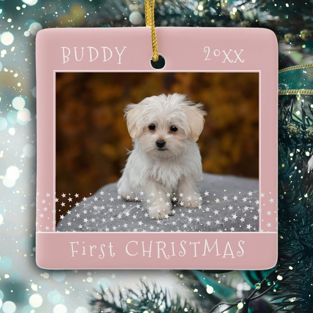 Cute First Christmas Dog Pet Photo Stars Pink Ceramic Ornament (Creator Uploaded)