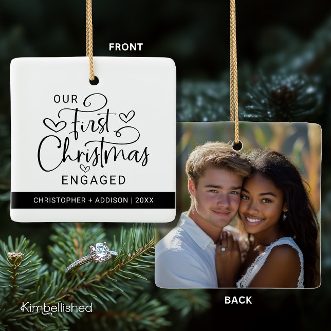 Cute First Christmas Engaged Photo Christmas Ceramic Ornament (Front + Back on Ceramic Square Ornament)