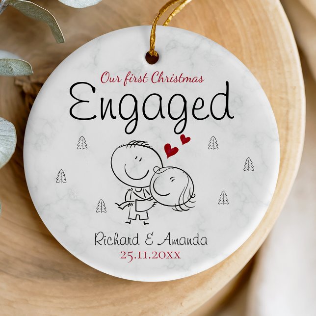 Cute first Christmas engagement cartoony couple  Ceramic Tree Decoration (Creator Uploaded)