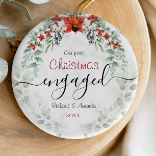 Cute first Christmas engagement red Poinsettia Ceramic Tree Decoration