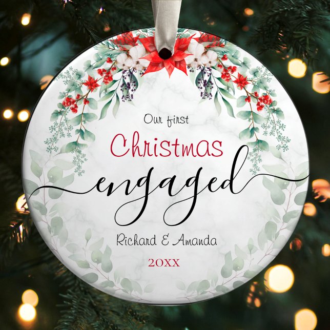 Cute first Christmas engagement red Poinsettia Ceramic Tree Decoration (Creator Uploaded)