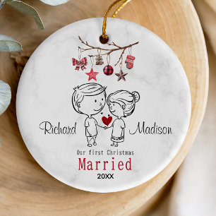 Cute first Christmas married cartoony couple Ceramic Tree Decoration