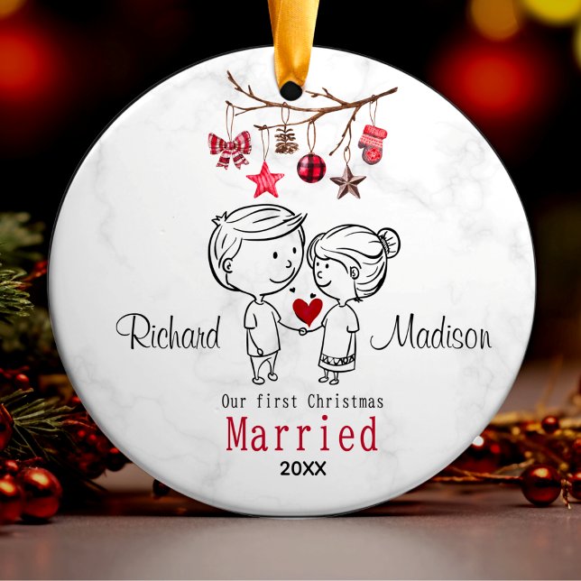 Cute first Christmas married cartoony couple  Ceramic Tree Decoration (Creator Uploaded)