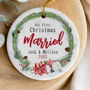 Cute first Christmas married green wreath Ceramic Tree Decoration