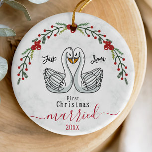 Cute first Christmas married white birds Ceramic Tree Decoration