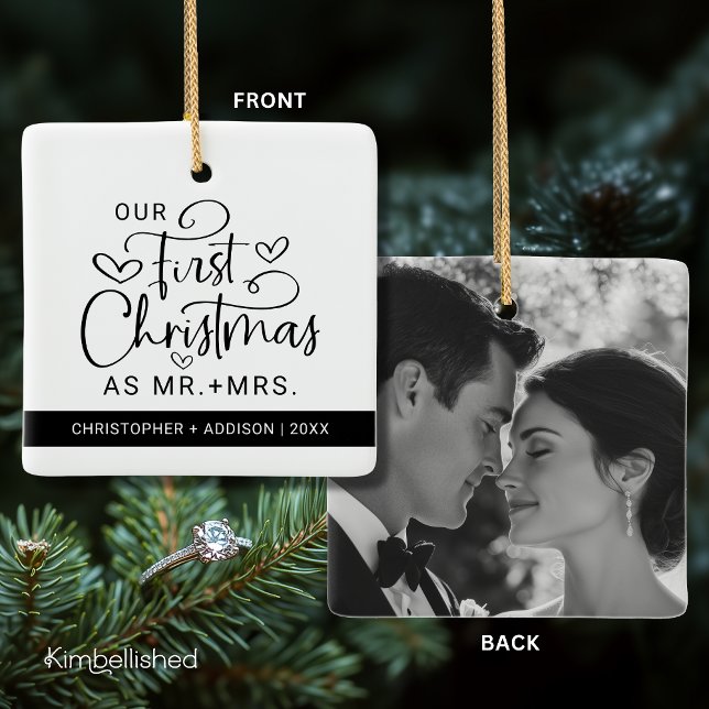 Cute First Christmas Mr Mrs Photo Christmas Ceramic Ornament (Front + Back on Ceramic Square Ornament)