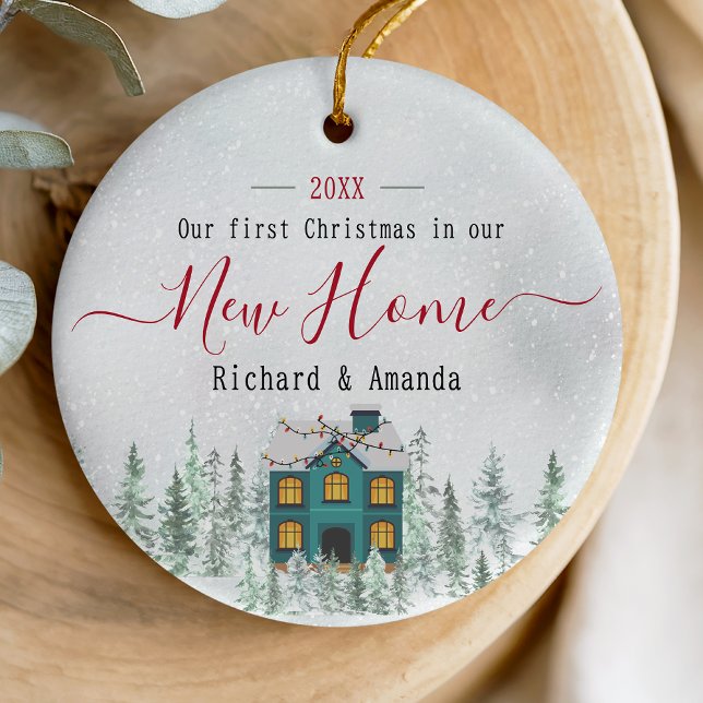 Cute first Christmas new home blue house  Ceramic Tree Decoration (Creator Uploaded)