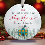Cute first Christmas new home blue house  Ceramic Tree Decoration<br><div class="desc">Cute first Christmas in our new home blue house ceramic ornament. Celebrate your first Christmas in your new beautiful home with a cute custom holiday ornament featuring a small cute black and white houses. Personalise it by changing the year and your family name.</div>