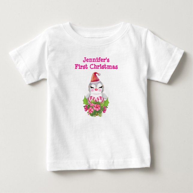 Cute First Christmas Penguin in Santa Hat Baby T-Shirt (Front)