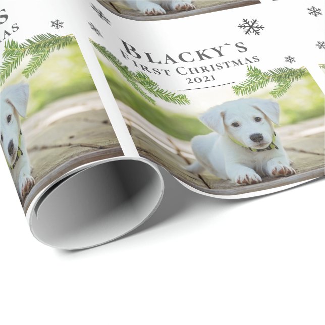 Cute First Christmas Pine Puppy Dog Pet Photo Wrapping Paper (Roll Corner)