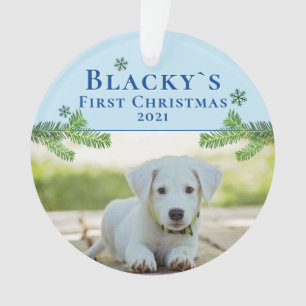 Cute First Christmas Puppy Blue Christmas Photo Ornament