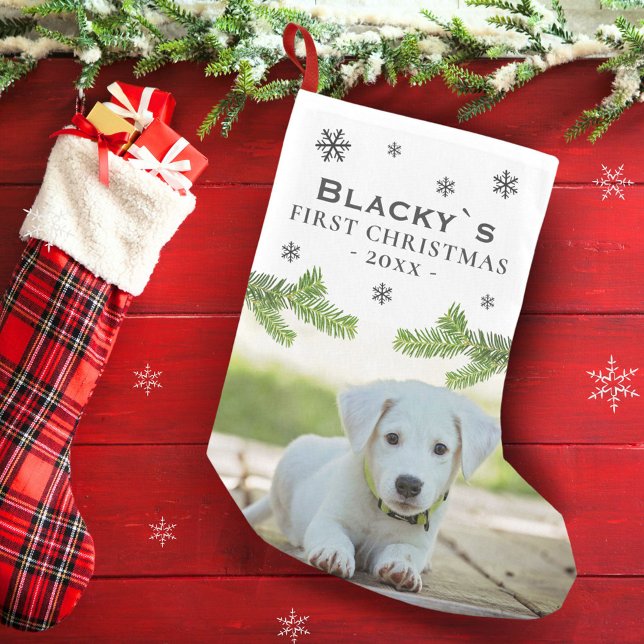 Cute First Christmas Puppy Photo Pine Snowflake   Small Christmas Stocking (Creator Uploaded)