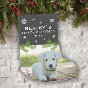Cute First Christmas Puppy Photo Pine Snowflake Small Christmas Stocking