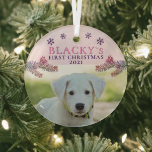 Cute First Christmas Puppy Pink Christmas Photo Glass Tree Decoration