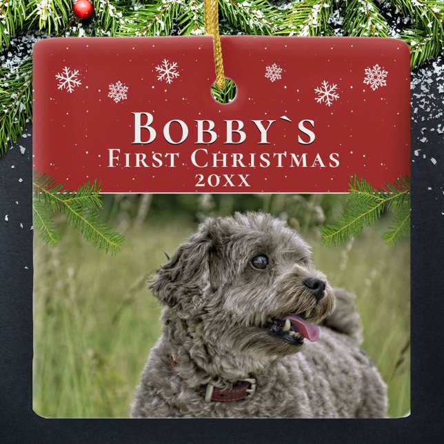Cute First Christmas Puppy Red Christmas Photo Ceramic Ornament (Creator Uploaded)