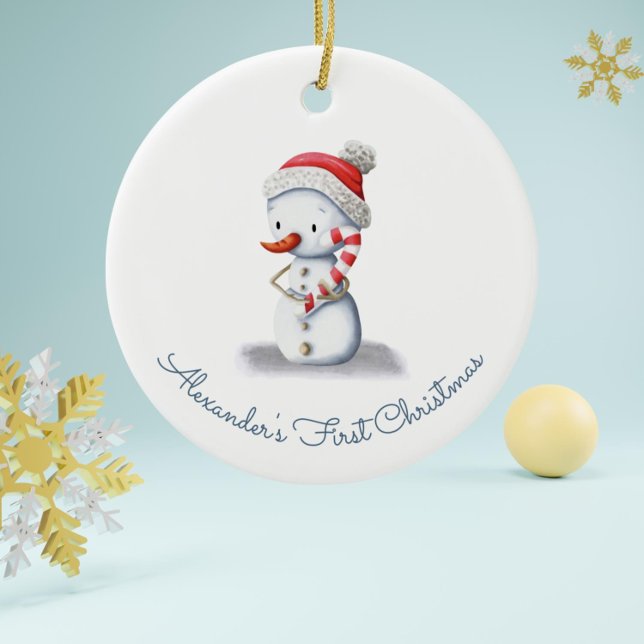 Cute First Christmas Snowman Ceramic Tree Decoration (Snowman with Candy Cane and Hat Baby First Christmas Ornament by Kinda Cute by Patricia Alvarez)