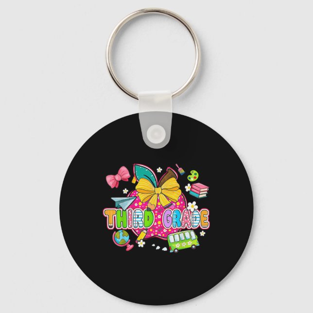 Cute First Day Of School Preppy Third Grade Back T Key Ring (Front)