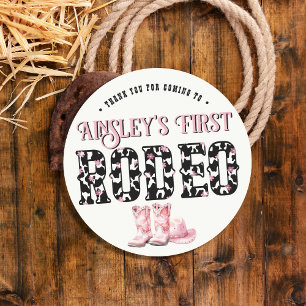 Cute First Rodeo Pink Personalised 1st Birthday Classic Round Sticker