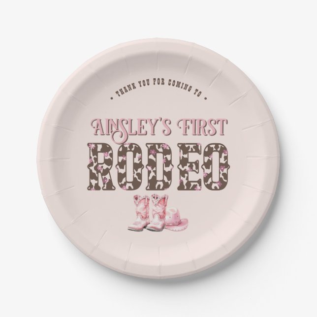 Cute First Rodeo Pink Personalised 1st Birthday Paper Plate (Front)