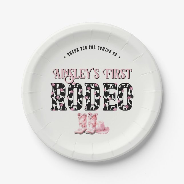 Cute First Rodeo Pink Personalised 1st Birthday Paper Plate (Front)