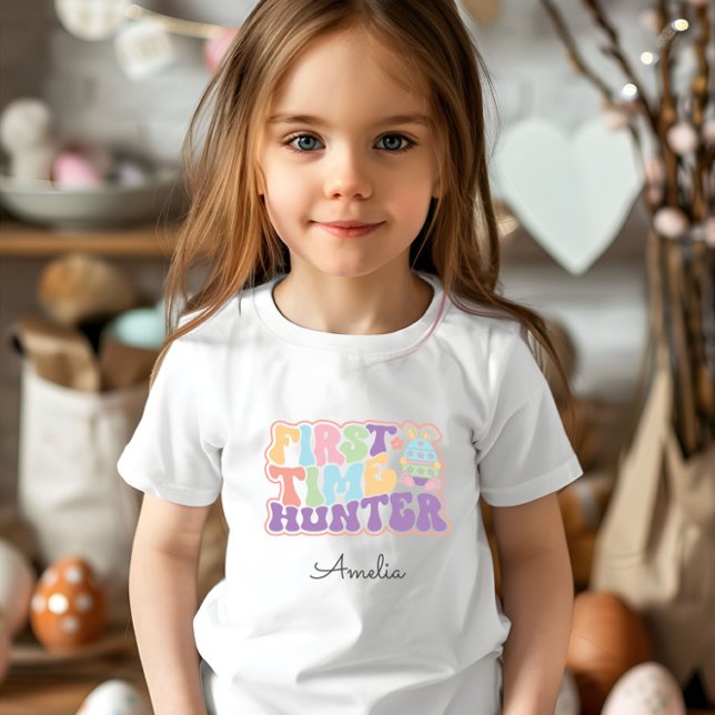 Cute First Time Hunter Easter Egg Hunt Baby T-Shirt (Cute First Time Hunter 1st Easter Egg Hunt Bodysuit or Tshirt, Bunny Ears, Retro Pastel Personalized)