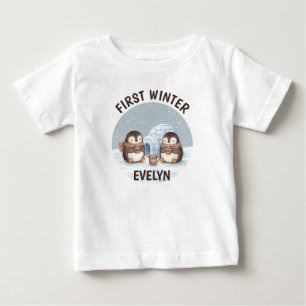 Cute "First Winter" Penguin Milestone Baby T-Shirt