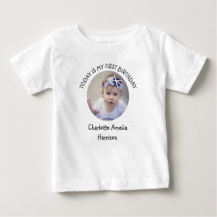 Cute First Year Name Round Photo Birthday Party  Baby T-Shirt