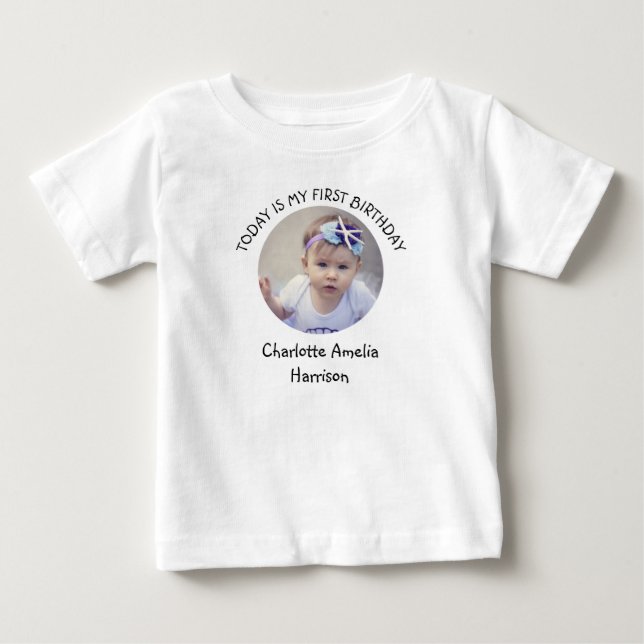 Cute First Year Name Round Photo Birthday Party  Baby T-Shirt (Front)