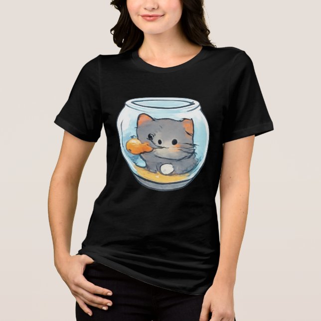 Cute Fish Bowl Kitten Tri-Blend Shirt (Front)