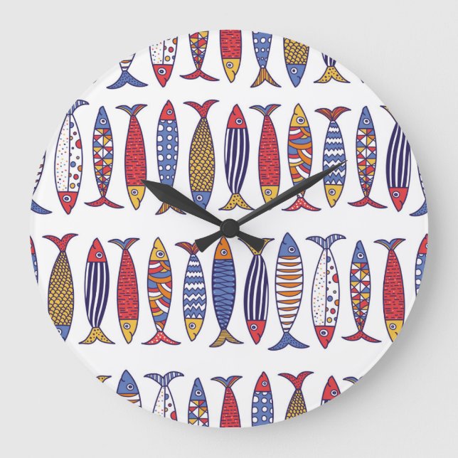 Cute Fish Illustration: Kids Seamless Background Large Clock (Front)