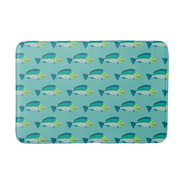 Cute Fish Pattern Teal Green Bath Mat (Front)