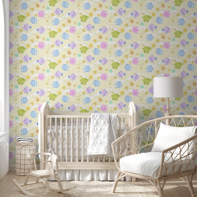 Cute Fishes Pastel Yellow Wallpaper (Kids)