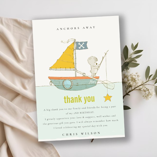 Cute Fishing Bear Star Sailboat Any Age Birthday Thank You Card (Creator Uploaded)
